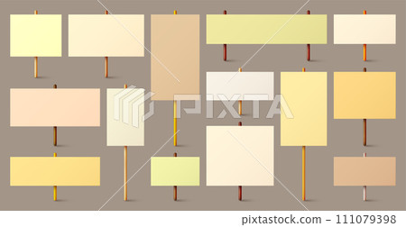 Blank colorful protest sign with wooden holder. Realistic vector demonstration banner. Strike action cardboard placard mockup 111079398