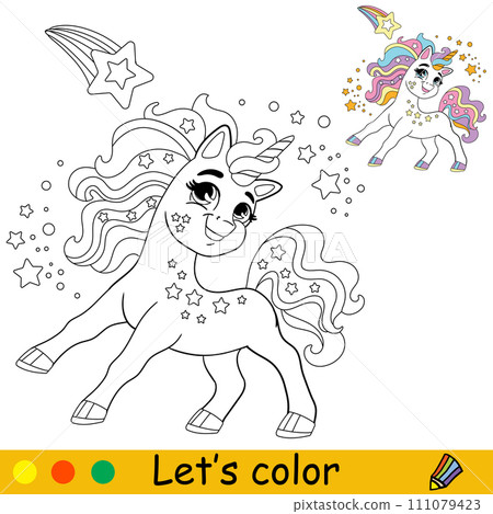 Lets color unicorn and comet kids coloring vector 111079423