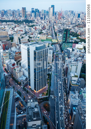 Aerial View of Shibuya, Tokyo, Japan at sunset 111080066