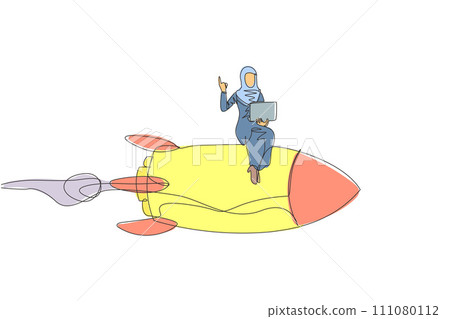 Continuous one line drawing of young Arabian businesswoman sitting on flying rocket. Index finger of the right hand lifts up while the other holds the laptop. Future transportation. Single line draw 111080112
