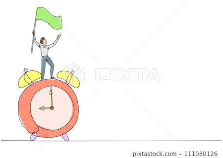 Single one line drawing young businessman standing on giant alarm clock raising flag in the hand. Enjoy business success when the deadline ends. Triumph. Continuous line design graphic illustration Single one line drawing young businessman standing on giant alarm clock raising flag in the hand. Enjoy business success when the deadline ends. Triumph. Continuous line design graphic illustration 111080126