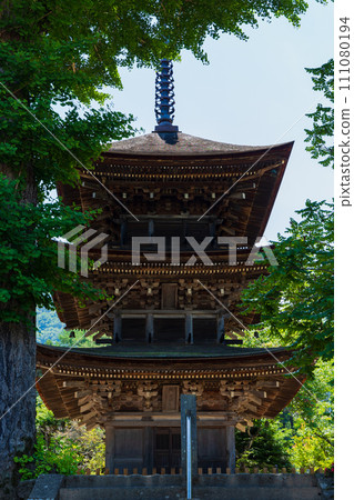 Early summer in Ueda City, Nagano Prefecture, fresh greenery at Maeyamaji Temple, three-storied pagoda 111080194