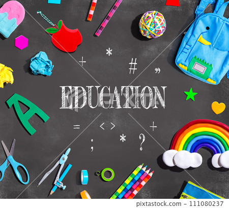 Education theme with school supplies on a chalkboard 111080237