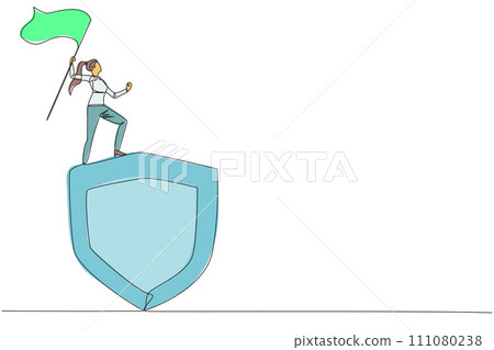 Single continuous line drawing of young businesswoman standing on giant shield raising flag. Network security businessman celebrating new cooperation with government. One line design illustration 111080238