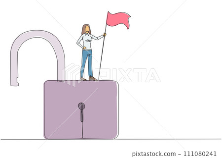Single one line drawing of young businesswoman standing on giant open padlock holding flag. Successful businesswoman find loopholes in a web to hack it. Vulnerable security. Continuous design graphic 111080241