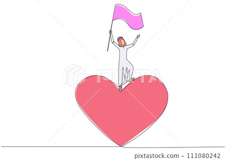 Single continuous line drawing of successful Arabian businessman standing on giant symbol heart raising flag of victory. Businessman with big heart doing charity. One line design vector illustration 111080242