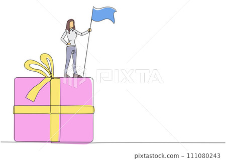 Single continuous line drawing of businesswoman standing on giant gift box raising flag. Businesswoman provide year-end bonuses to all employees. Business reward. One line design vector illustration 111080243