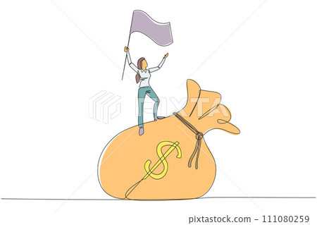 Single one line drawing young businesswoman standing on giant money bag raising flag. Victory or business achievement obtained for her smart work in managing the business. Continuous line design Single one line drawing young businesswoman standing on giant money bag raising flag. Victory or business achievement obtained for her smart work in managing the business. Continuous line design 111080259