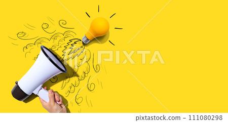 Attention and announcement concept with an idea light bulb flying to the sky like a rocket 111080298