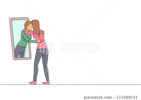 Single continuous line drawing of young beautiful woman stand in front of mirror. Her reflection get out of mirror and hug each other. Caring. Self love concept. One line design vector illustration 111080531