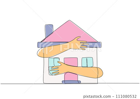 Continuous one line drawing of hands hugging miniature house. Concept of making house as collateral if the business fails. Keep paying mortgage so that house not foreclosed. Single line draw vector Continuous one line drawing of hands hugging miniature house. Concept of making house as collateral if the business fails. Keep paying mortgage so that house not foreclosed. Single line draw vector 111080532