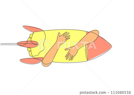 Single continuous line drawing of hands hugging flying rocket. Entrepreneur starting a new business startup during a pandemic. High experience is needed for the business to be stable. One line vector 111080538