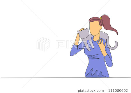 Single one line drawing of young beautiful woman hugging and carrying a cat on her shoulders. Walk and play around with your beloved cat. Pets will be more docile. Continuous line graphic illustration Single one line drawing of young beautiful woman hugging and carrying a cat on her shoulders. Walk and play around with your beloved cat. Pets will be more docile. Continuous line graphic illustration 111080602