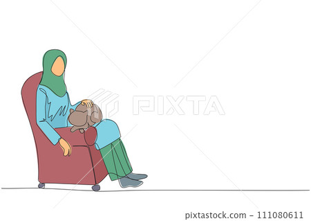 Single continuous line drawing of young beautiful Arabian woman sitting on the couch hugging the cat on her thigh. Owner of feline animal petting it with love. One line design vector illustration 111080611
