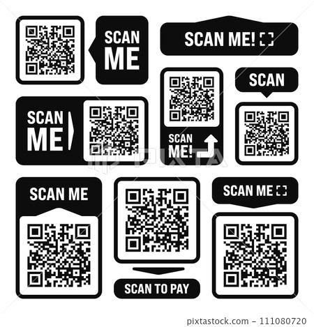 Scan me QR code sticker. Online payment. Special offer sale stickers, shopping discount label or promotional badge. Serial number, product ID. Supermarket retail label, price tag. Vector illustration Scan me QR code sticker. Online payment. Special offer sale stickers, shopping discount label or promotional badge. Serial number, product ID. Supermarket retail label, price tag. Vector illustration 111080720