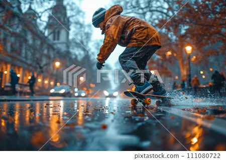 A person skateboarding on the road 111080722