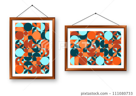 Picture frame with geometric trendy pattern, Bauhaus style. Modern background, simple elements. Retro texture, basic geometric shapes. Print design, minimalist poster cover. Vector illustration 111080733