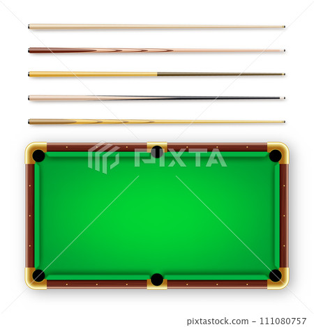Various wooden billiard cues and green pool table. Snooker sports equipment. Vintage cue. Recreation and hobby, competitive game. Vector illustration 111080757