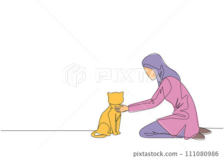Single continuous line drawing of young Arabian woman hugging hugging her beloved cat. Kneeling, she put her cat on the floor. Stroking her cat and then asked to play. One line vector illustration 111080986