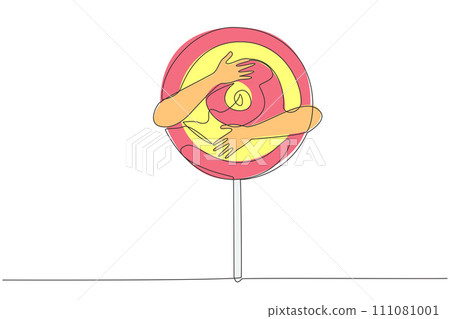 Continuous one line drawing human hands hugging lollipop. One of popular snacks that have sweet taste with colorful colors. Has a distinctive shape because has a stalk. Single line draw design vector 111081001