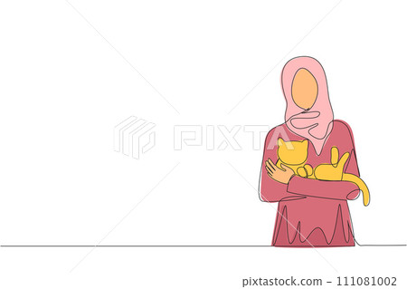Continuous one line drawing of young Arabian woman holding a cuddle funny cat in front of her chest. Happy woman stroking cat. Love animals with all heart. Single line draw design vector illustration 111081002