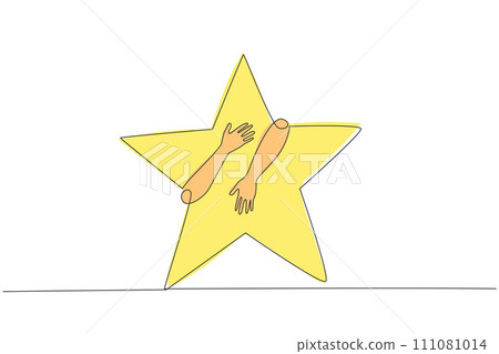 Continuous one line drawing of hands hugging five pointed star. Successfully touching the stars means succeeding in making business fly as high as the stars in the sky. Single line draw design vector 111081014