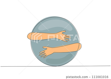 Single continuous line drawing of human hands hugging circle. Passion in creating innovative logo. Shape that can be developed based on the basic circular pattern. One line design vector illustration Single continuous line drawing of human hands hugging circle. Passion in creating innovative logo. Shape that can be developed based on the basic circular pattern. One line design vector illustration 111081016