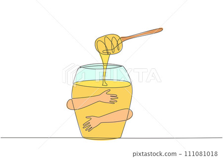 Single continuous line drawing human hands hugging honey. A sweet, thick-textured liquid produced by bees that has many health benefits for the human body. Herbal. One line design vector illustration Single continuous line drawing human hands hugging honey. A sweet, thick-textured liquid produced by bees that has many health benefits for the human body. Herbal. One line design vector illustration 111081018
