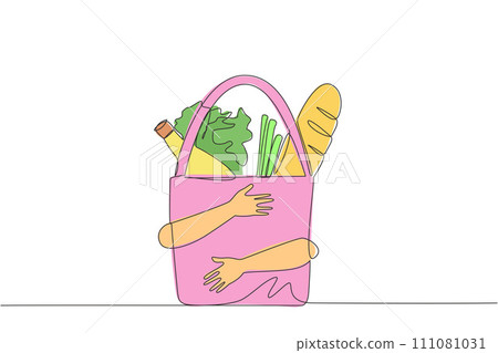 Single continuous line drawing hands hugging grocery paper bags with handle. Paper bags with handles that make it easy to use for shopping for daily needs at mini market. One line vector illustration 111081031