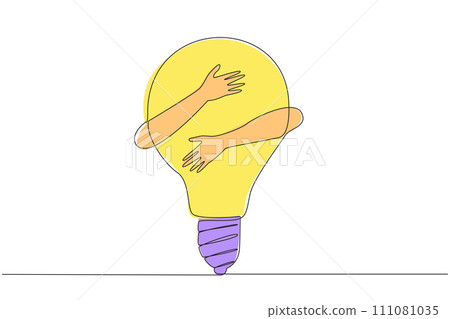 Single continuous line drawing of hands hugging lightbulb. Illustration of brilliant idea for running business during pandemic. Innovation is needed to bring fresh ideas in business. One line vector Single continuous line drawing of hands hugging lightbulb. Illustration of brilliant idea for running business during pandemic. Innovation is needed to bring fresh ideas in business. One line vector 111081035