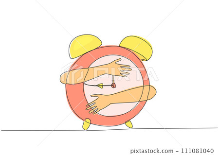 Single one line drawing of hands hugging alarm clock. Business decisions taken will determine every hour. Wrong in taking steps then business failure will be accepted. Continuous line design graphic Single one line drawing of hands hugging alarm clock. Business decisions taken will determine every hour. Wrong in taking steps then business failure will be accepted. Continuous line design graphic 111081040
