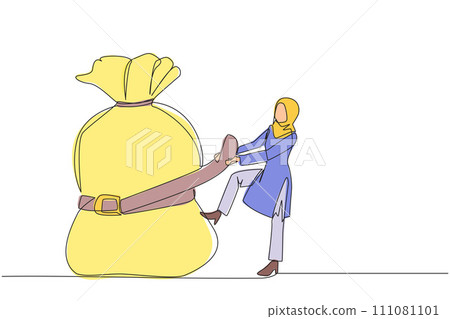 Single continuous line drawing Arab businesswoman wrapped around and pulled the money bag with a belt. Investment decrease, sale drop. Save on unnecessary expenses. One line design vector illustration 111081101