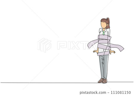 Single one line drawing young stressful businesswoman stood and her body was wrapped by billing paper. Debt-ridden businesses. Bankrupt. Business failure. Continuous line design graphic illustration Single one line drawing young stressful businesswoman stood and her body was wrapped by billing paper. Debt-ridden businesses. Bankrupt. Business failure. Continuous line design graphic illustration 111081150