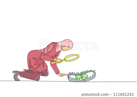 Continuous one line drawing Arabian businesswoman looked down to examine trap of the animal and in the middle there a banknote with a magnifier. Traps for the corrupt. Single line draw design vector Continuous one line drawing Arabian businesswoman looked down to examine trap of the animal and in the middle there a banknote with a magnifier. Traps for the corrupt. Single line draw design vector 111081283