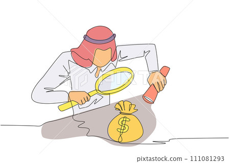 Single one line drawing of Arabian businessman holds a magnifier and flashlight, then checks the money bag. Investigate money bag ownership. Style like detective. Continuous line graphic illustration 111081293