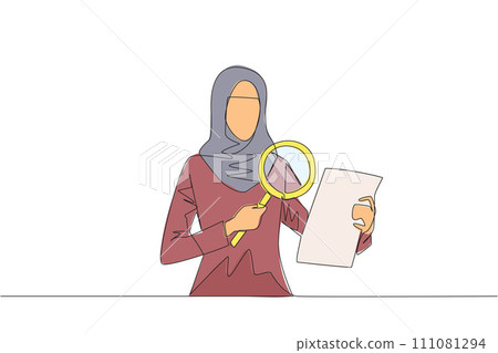 Continuous one line drawing of Arabian businesswoman holds piece of paper and checks it with a magnifier. Businesswoman work with research analytics and statistic. Single line draw vector illustration 111081294