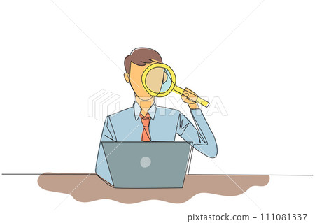 Single continuous line drawing of businessman is typing in front of a laptop computer holding a magnifier. Modern business at this time can be done anytime and anywhere. One line vector illustration Single continuous line drawing of businessman is typing in front of a laptop computer holding a magnifier. Modern business at this time can be done anytime and anywhere. One line vector illustration 111081337