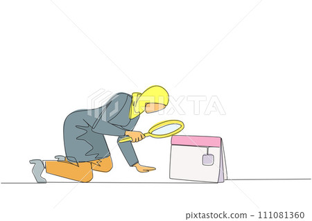 Single one line drawing of Arabian businesswoman holding magnifying glass looking at desk calendar. She made plans to take time off and vacation at the end of the year. Continuous line design graphic Single one line drawing of Arabian businesswoman holding magnifying glass looking at desk calendar. She made plans to take time off and vacation at the end of the year. Continuous line design graphic 111081360