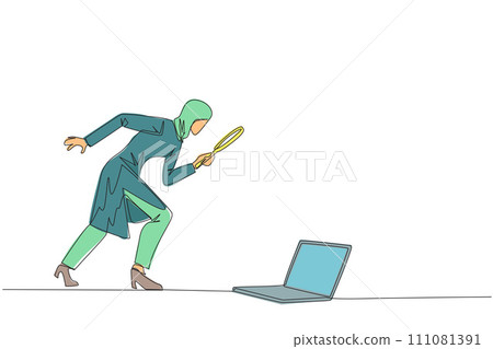 Single continuous line drawing of Arabian businesswoman holding magnifying glass looking at laptop computer. Confused a programmer facing the bugs in the application she made. One line design vector Single continuous line drawing of Arabian businesswoman holding magnifying glass looking at laptop computer. Confused a programmer facing the bugs in the application she made. One line design vector 111081391