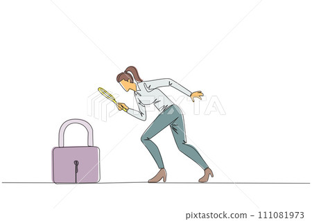 Continuous one line drawing businesswoman holds magnifying glass look at padlock. Looking ways to protect stock values to keep high and safe from hackers. Single line draw design vector illustration Continuous one line drawing businesswoman holds magnifying glass look at padlock. Looking ways to protect stock values to keep high and safe from hackers. Single line draw design vector illustration 111081973