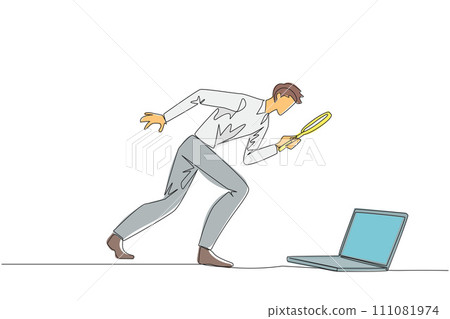 Single one line drawing businessman holding magnifying glass looking at laptop computer. Confused a programmer facing the bugs in the application he made. Continuous line design graphic illustration Single one line drawing businessman holding magnifying glass looking at laptop computer. Confused a programmer facing the bugs in the application he made. Continuous line design graphic illustration 111081974