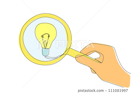 Single continuous line drawing big hand holding magnifying glass highlights lightbulb. Concept of ideas. Intelligence will be used and useful for business benefits. One line design vector illustration Single continuous line drawing big hand holding magnifying glass highlights lightbulb. Concept of ideas. Intelligence will be used and useful for business benefits. One line design vector illustration 111081997