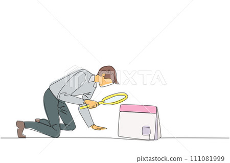 Continuous one line drawing businessman holding magnifying glass looking at desk calendar. He made plans to take time off and vacation at the end of the year. Single line design vector illustration Continuous one line drawing businessman holding magnifying glass looking at desk calendar. He made plans to take time off and vacation at the end of the year. Single line design vector illustration 111081999