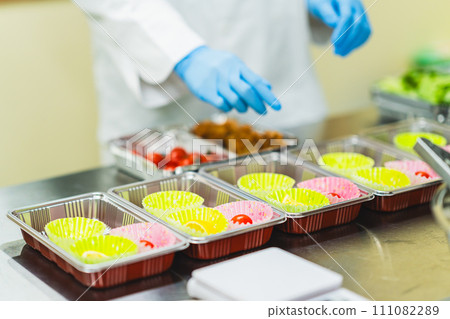 A woman at a food factory making lunch boxes, faceless 111082289