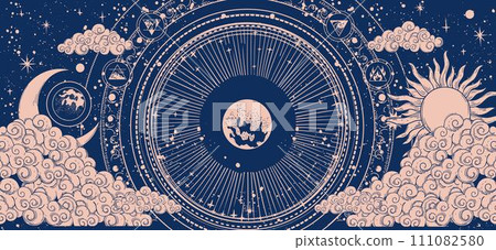 Mystical heavenly banner with sun and moon, shining planet in outer space, astrology card for zodiac. Vector hand drawn illustration. Universe pattern with stars and clouds. 111082580