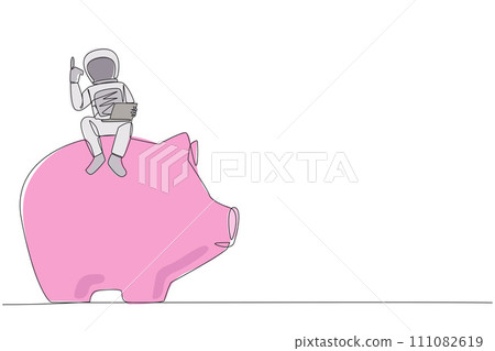 Single one line drawing young astronaut sitting on giant piggy bank holding laptop raise one hand. Saving up money for the next expedition. Galaxy cosmic. Continuous line design graphic illustration 111082619