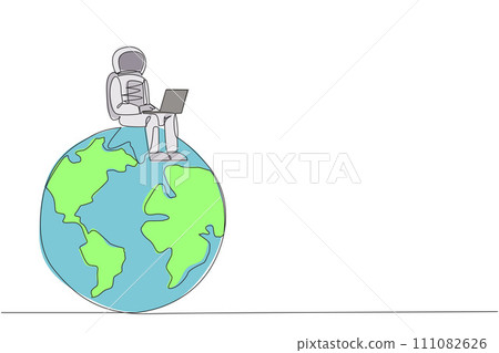 Single one line drawing young energetic astronaut sitting on giant globe typing laptop. Received an email from earth to quickly complete the expedition. Continuous line design graphic illustration 111082626