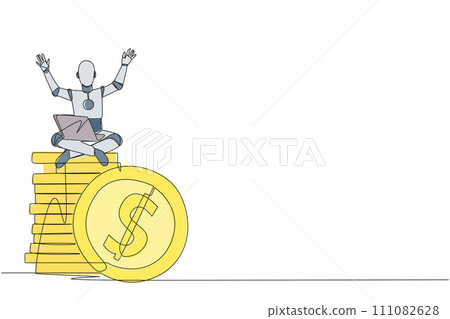 Single continuous line drawing robotic artificial intelligence sitting on stack of giant coins sign dollar holding laptop raise both hands. Robot collecting money. One line design vector illustration Single continuous line drawing robotic artificial intelligence sitting on stack of giant coins sign dollar holding laptop raise both hands. Robot collecting money. One line design vector illustration 111082628