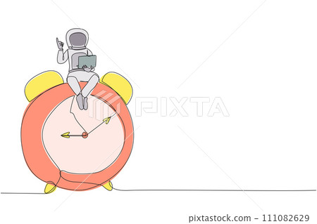 Continuous one line drawing young energetic astronaut sitting on giant alarm clock holding laptop raise one hand. Deadline work in spaceship launch planning. Single line design vector illustration 111082629