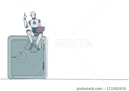 Single one line drawing robotic artificial intelligence sitting on giant safe deposit box holding laptop raise one hand. Robots also have a role to guard valuable items. Continuous line design graphic 111082630